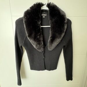 art class Black Ribbed Sweater Cardigan with Faux Fur Collar
